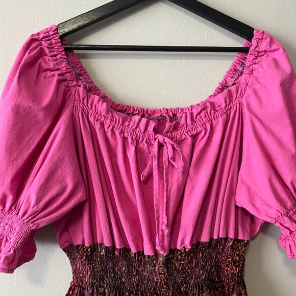 Handmade Plus Size Cotton Linen Batik Pink Multicolour Peasant Dress - Picture 4 of 16